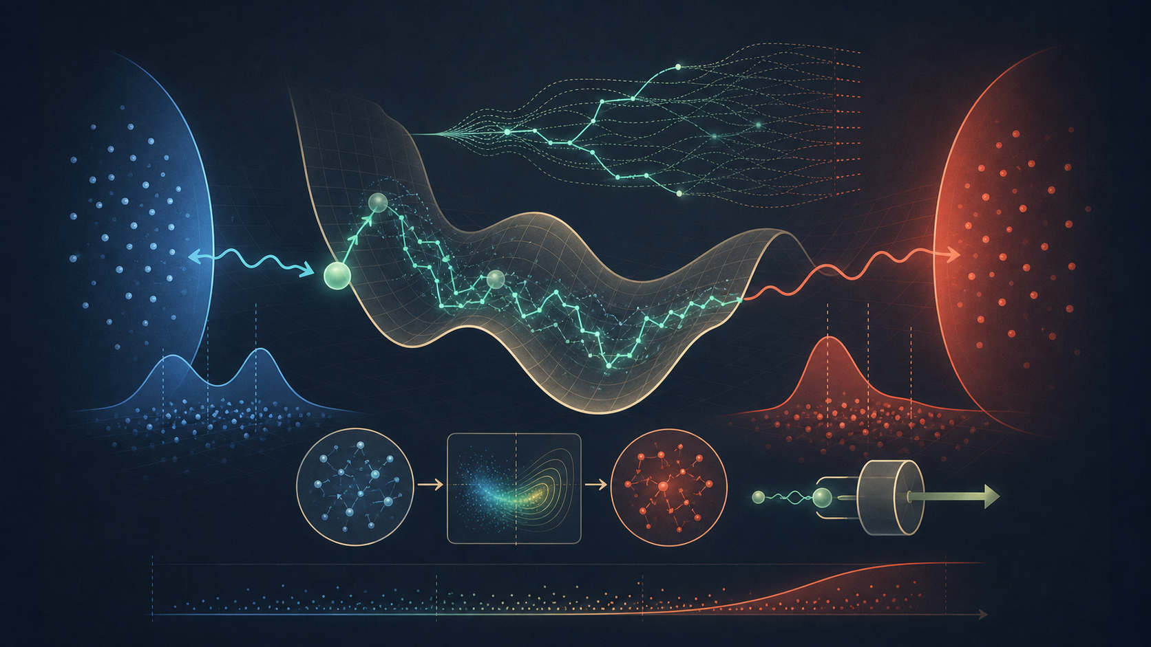 Diagrammatic scientific schematic of stochastic thermodynamics with Brownian trajectories and hot and cold reservoirs